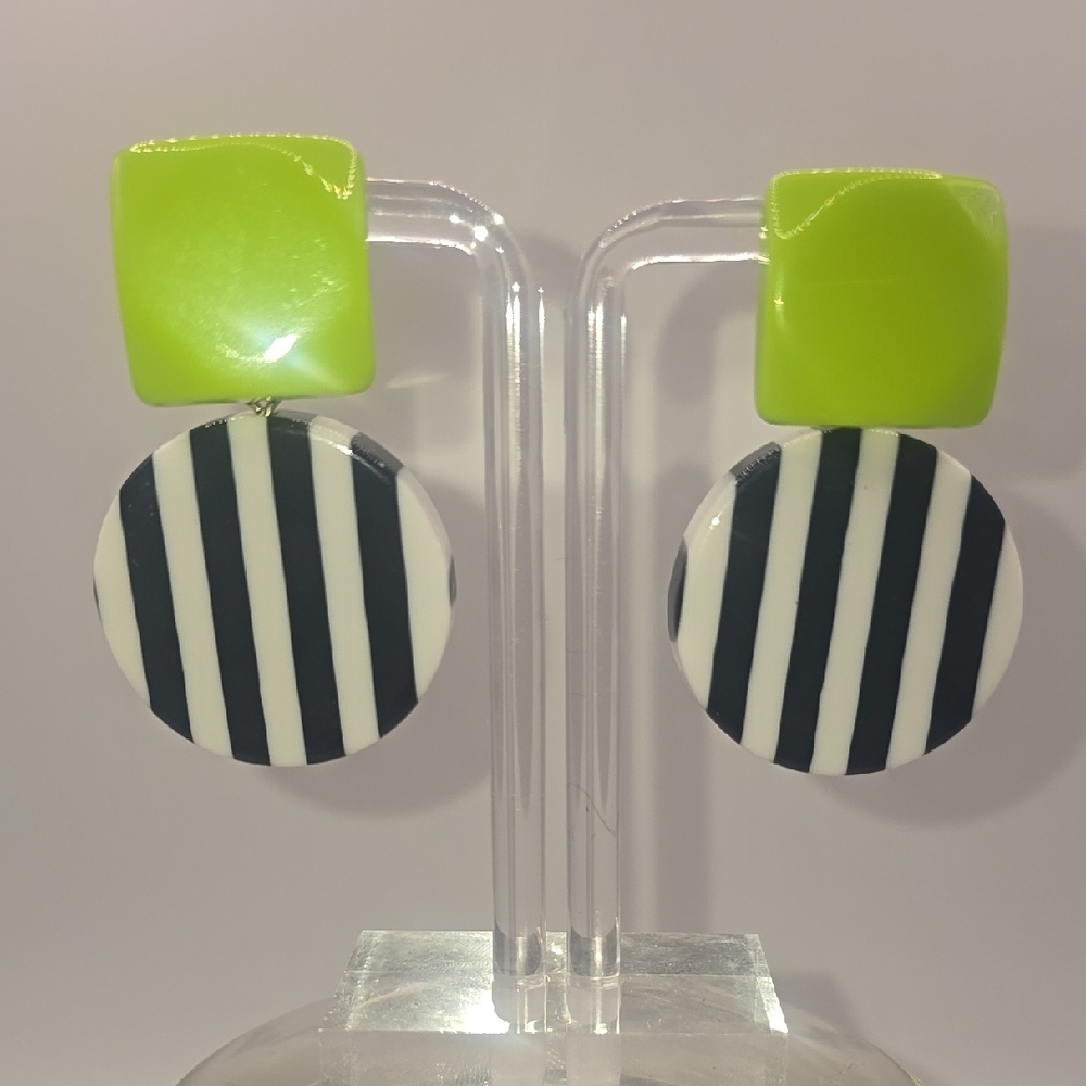 (E50) New Chic Lime Green and Black Striped Earrings